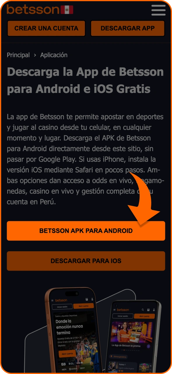 Toca el botón para iniciar el proceso de descarga del APK de Betsson.