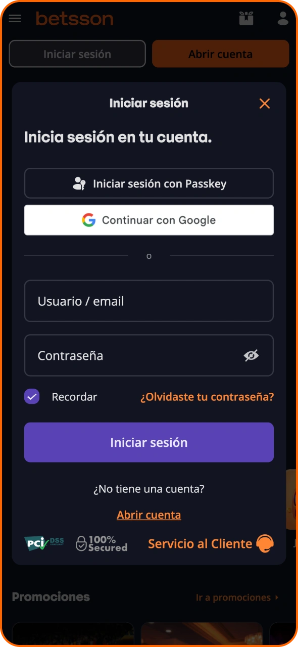 Abre la aplicación de Betsson e inicia sesión en tu cuenta.