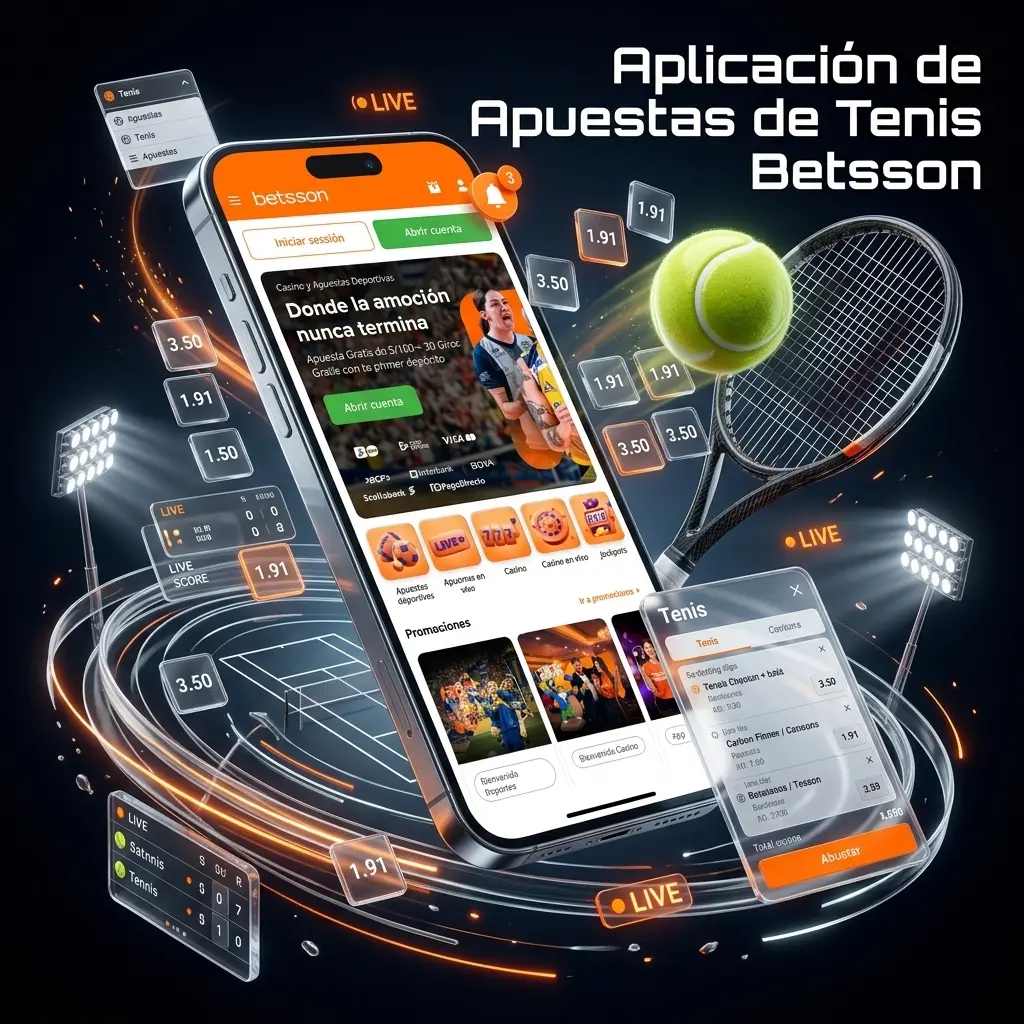 Aplicación Betsson para Android e iOS con mercados de tenis ATP y WTA, cuotas en vivo y gestión de cuenta desde el celular.