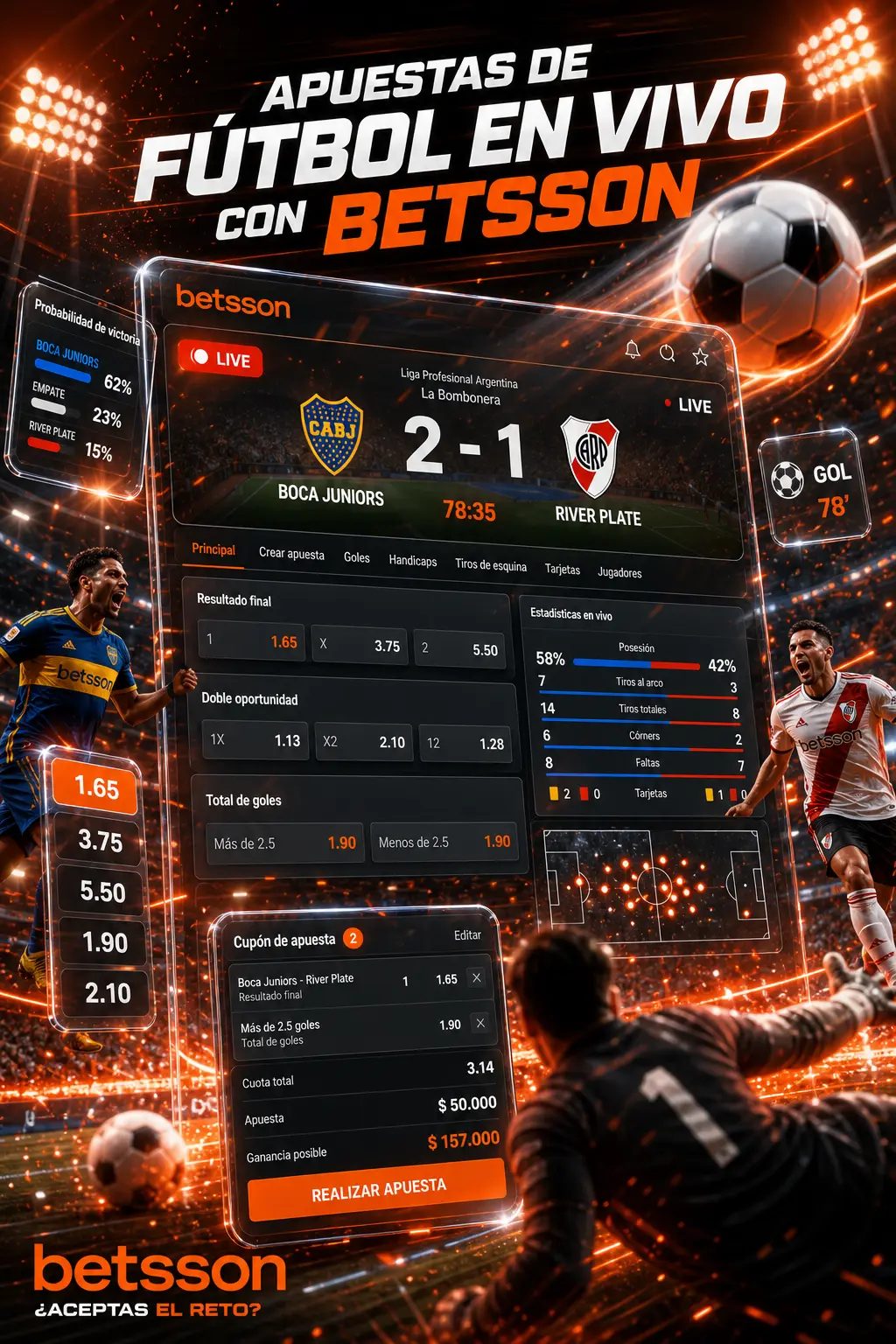 Apuestas de fútbol en vivo en Betsson con cuotas actualizadas, marcador, tiempo de juego y estadísticas en tiempo real.