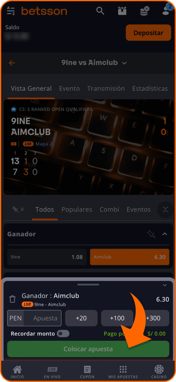 Introduce el importe de la apuesta y confirma tu elección en Betsson para CS2.