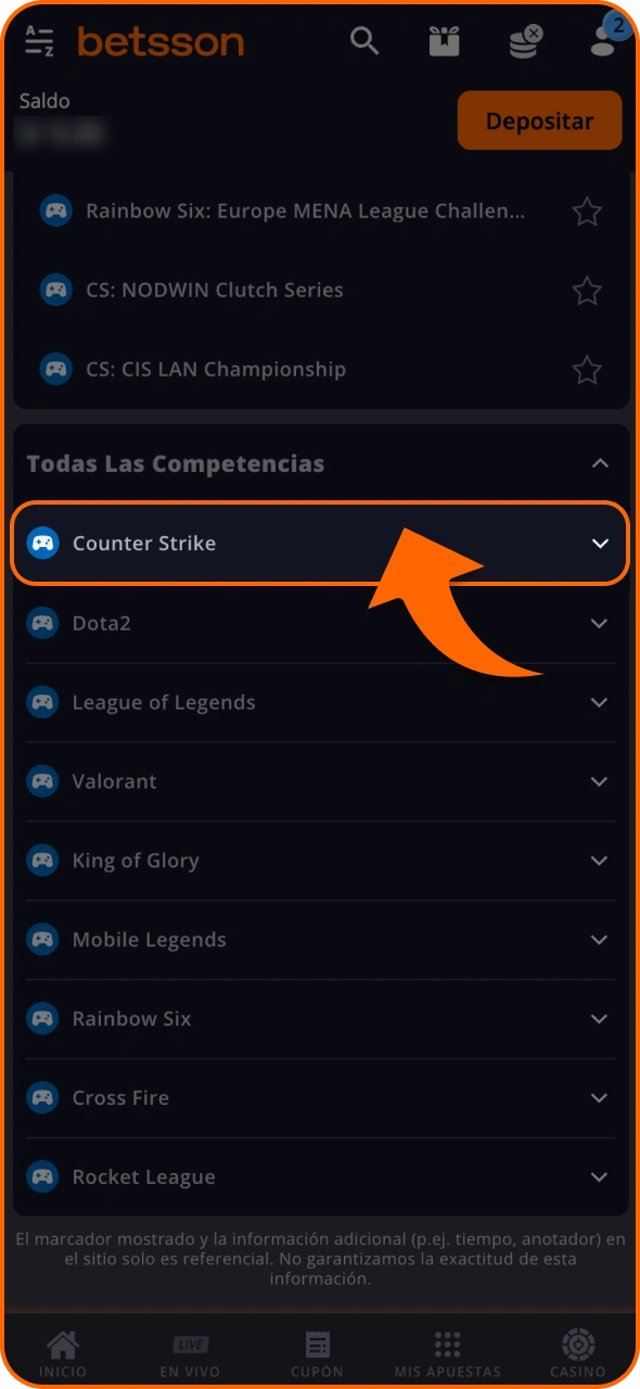 Ve a la sección de eSports de Betsson y selecciona CS2.