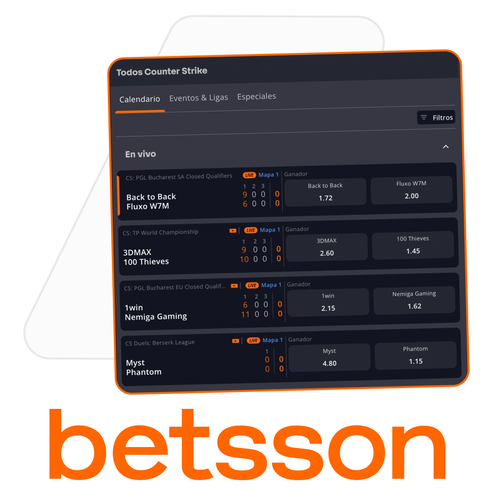 En la plataforma oficial de Betsson puedes apostar en torneos de CS2.