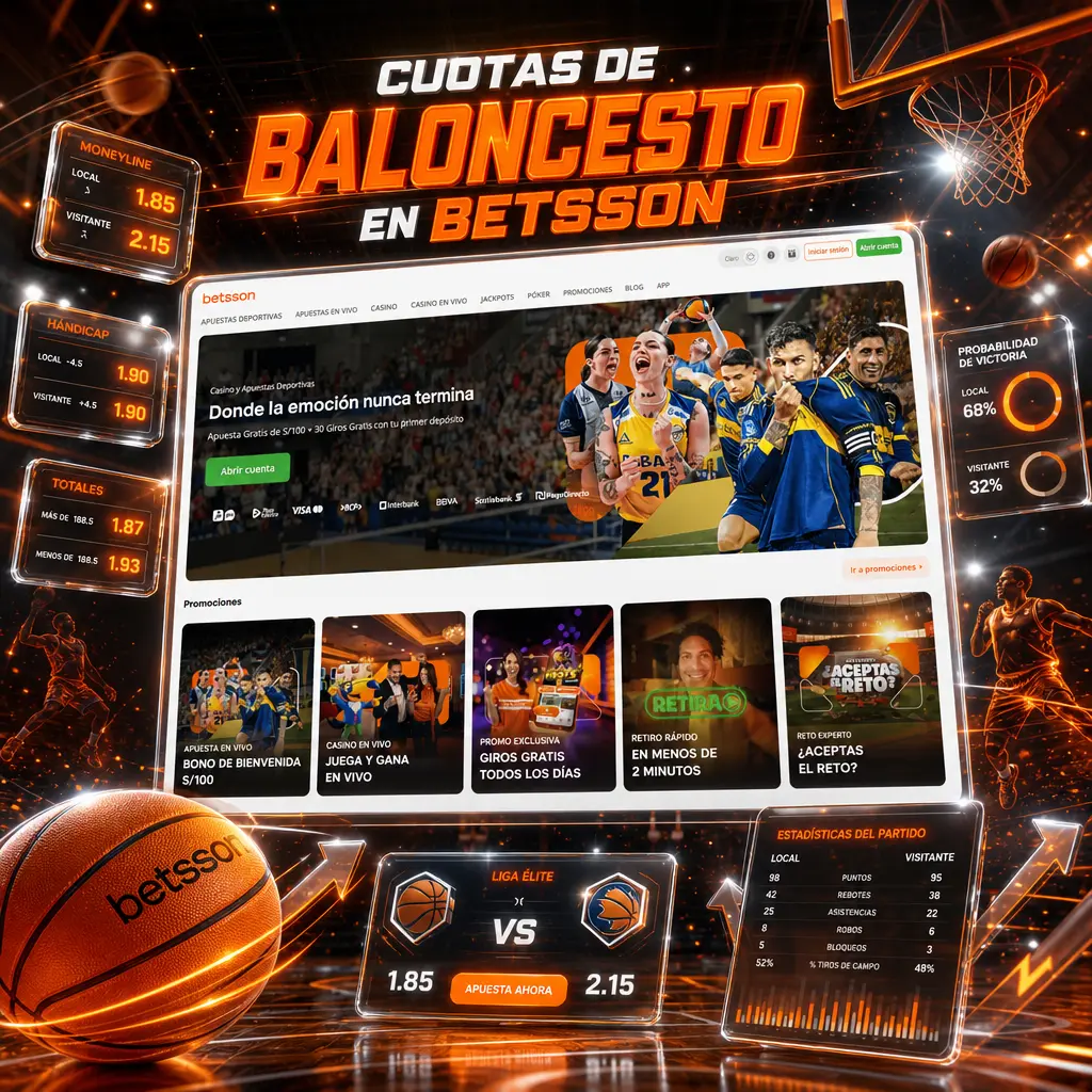 Cuotas de baloncesto en Betsson Perú: formato decimal para hándicap, totales y ganador del partido, antes y en vivo.