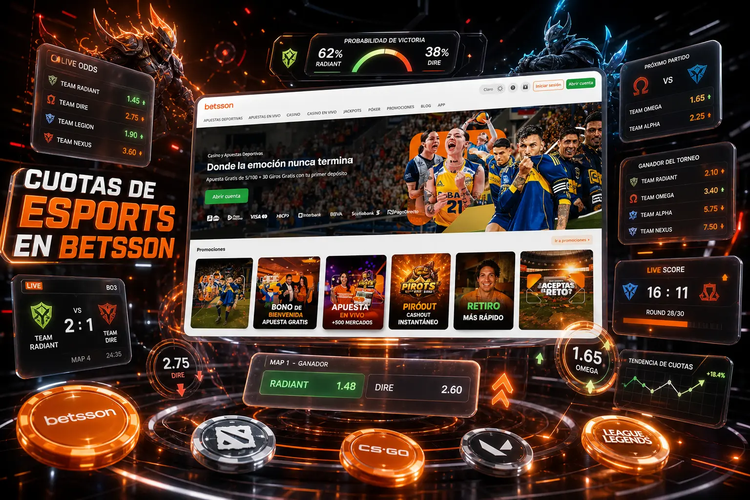 Cuotas de eSports en Betsson: retorno potencial en formato decimal, ajustadas según equipos, torneo y desarrollo del partido en vivo.