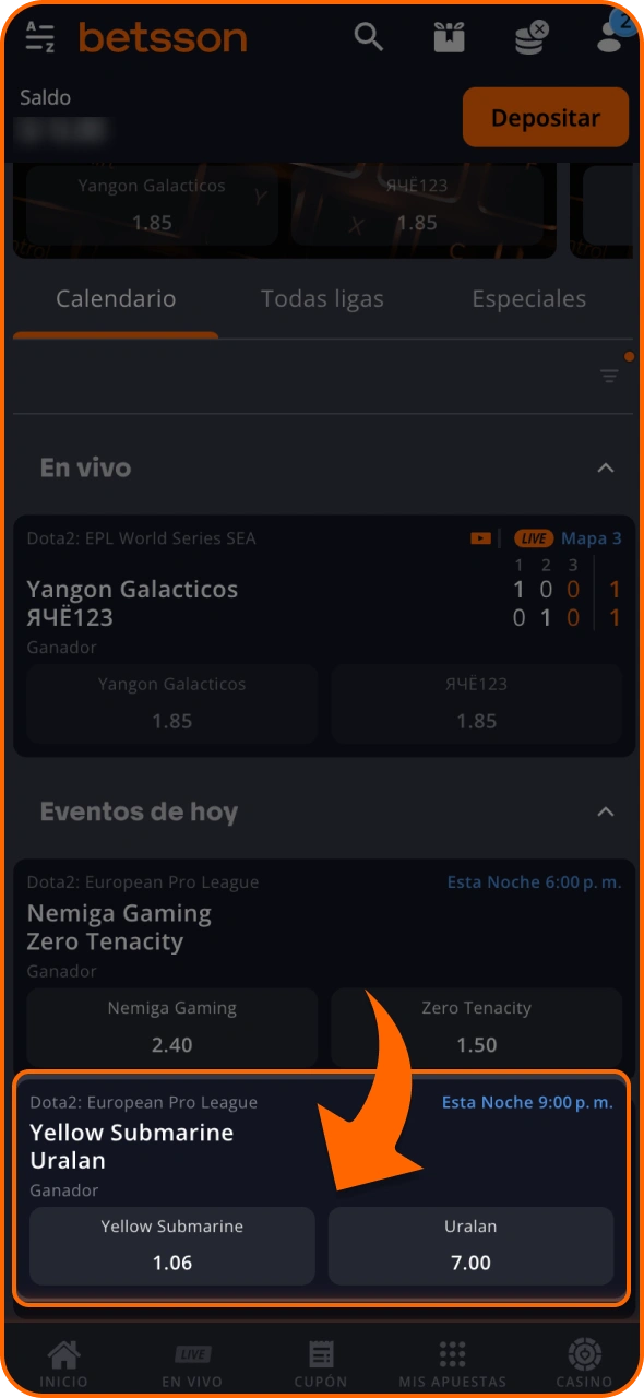Selecciona una partida de Dota 2 para realizar una apuesta en el sitio de Betsson.