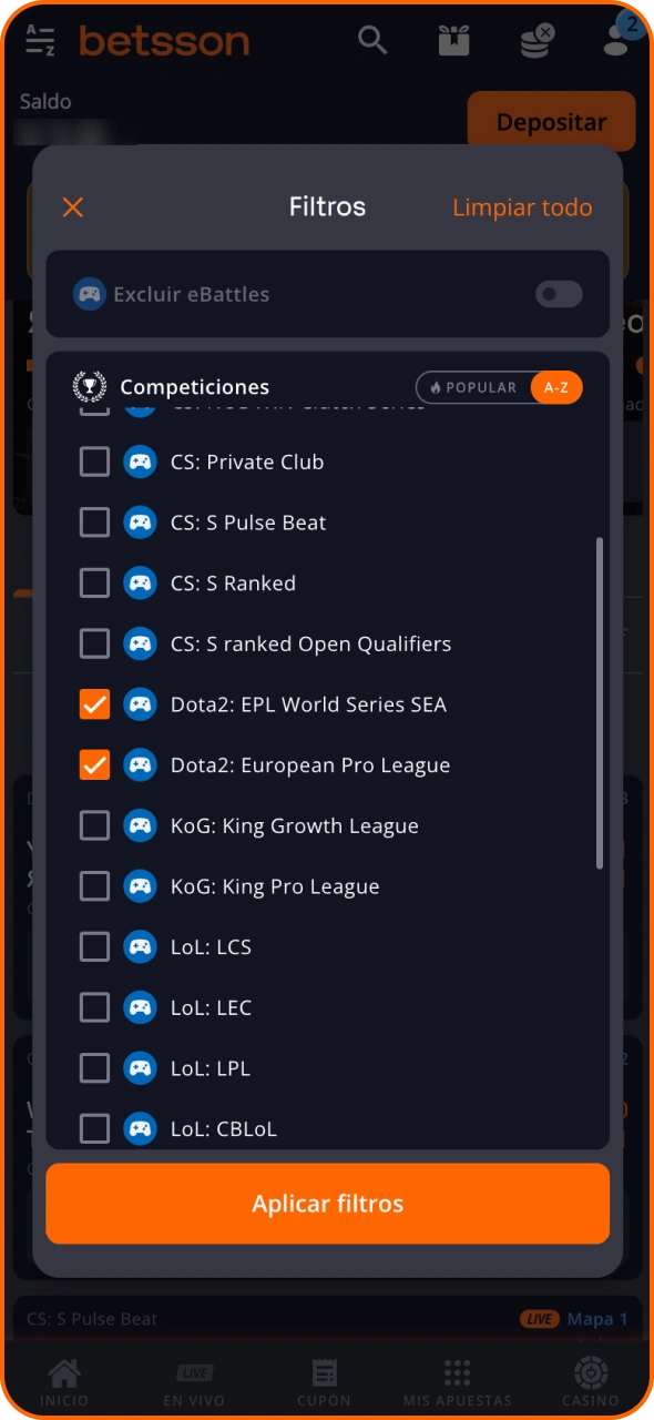 Ve a la sección de eSports de Betsson y selecciona Dota 2.