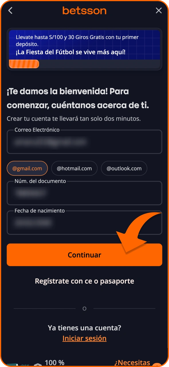 Completa el formulario de registro en la plataforma de apuestas deportivas de Betsson.