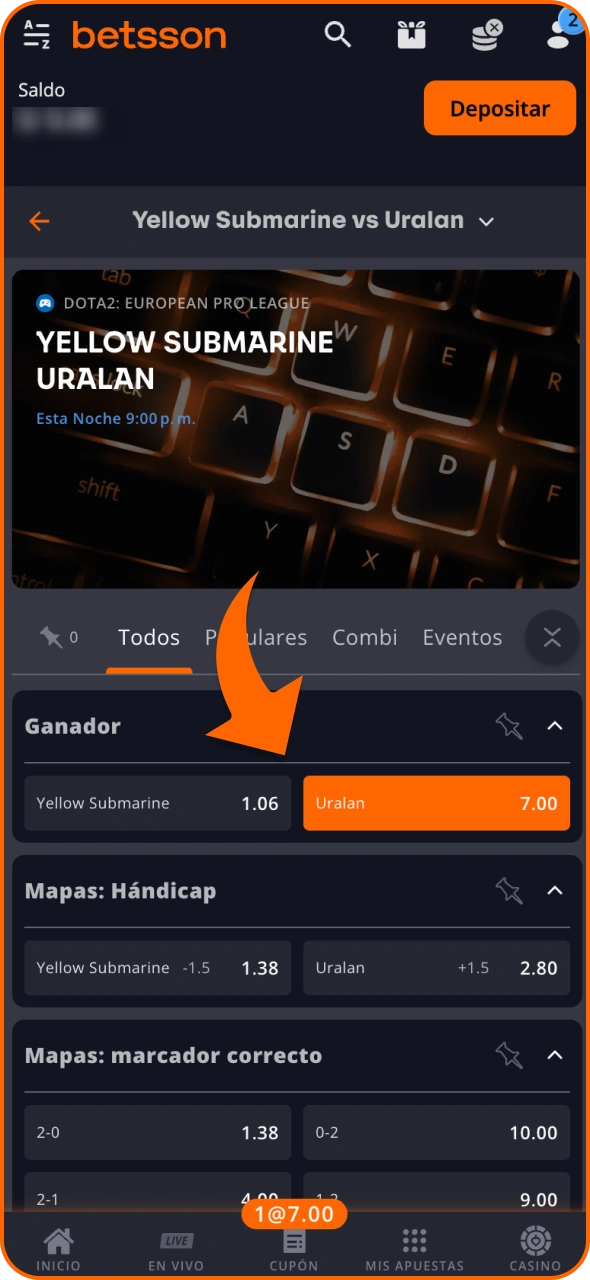 Selecciona el mercado de Dota 2 de Betsson en el que prefieras apostar.