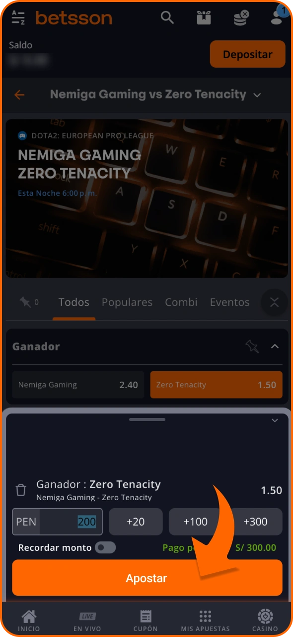 Introduce el importe de la apuesta en Betsson y haz clic para confirmar.