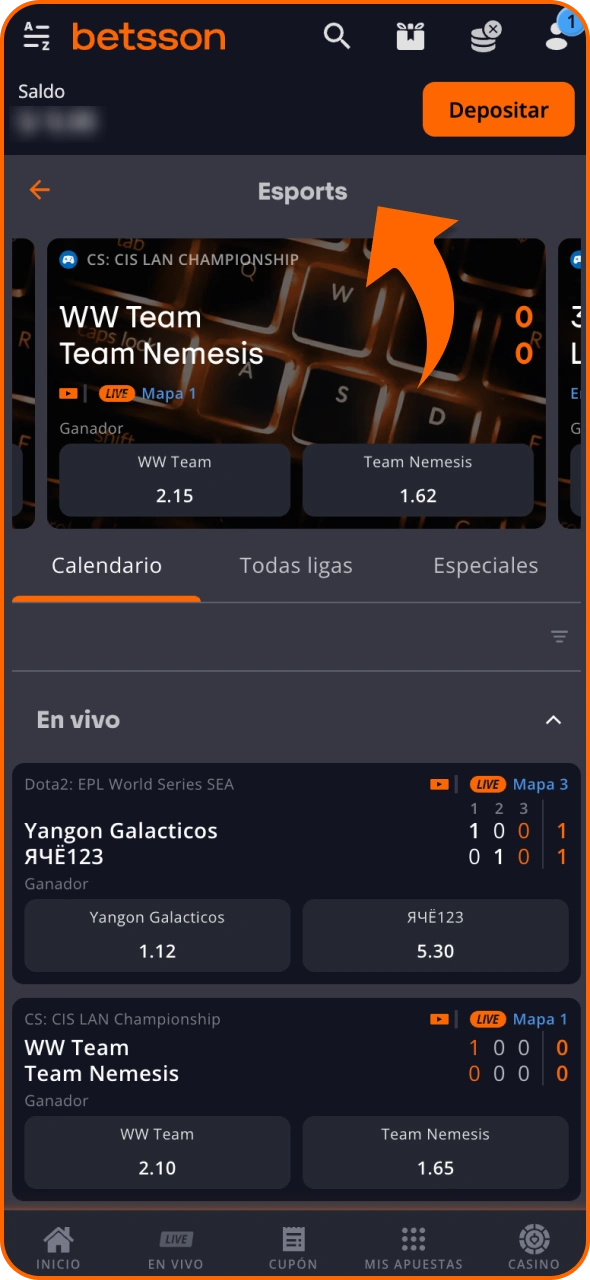 Ve a la sección de eSports de la casa de apuestas Betsson.