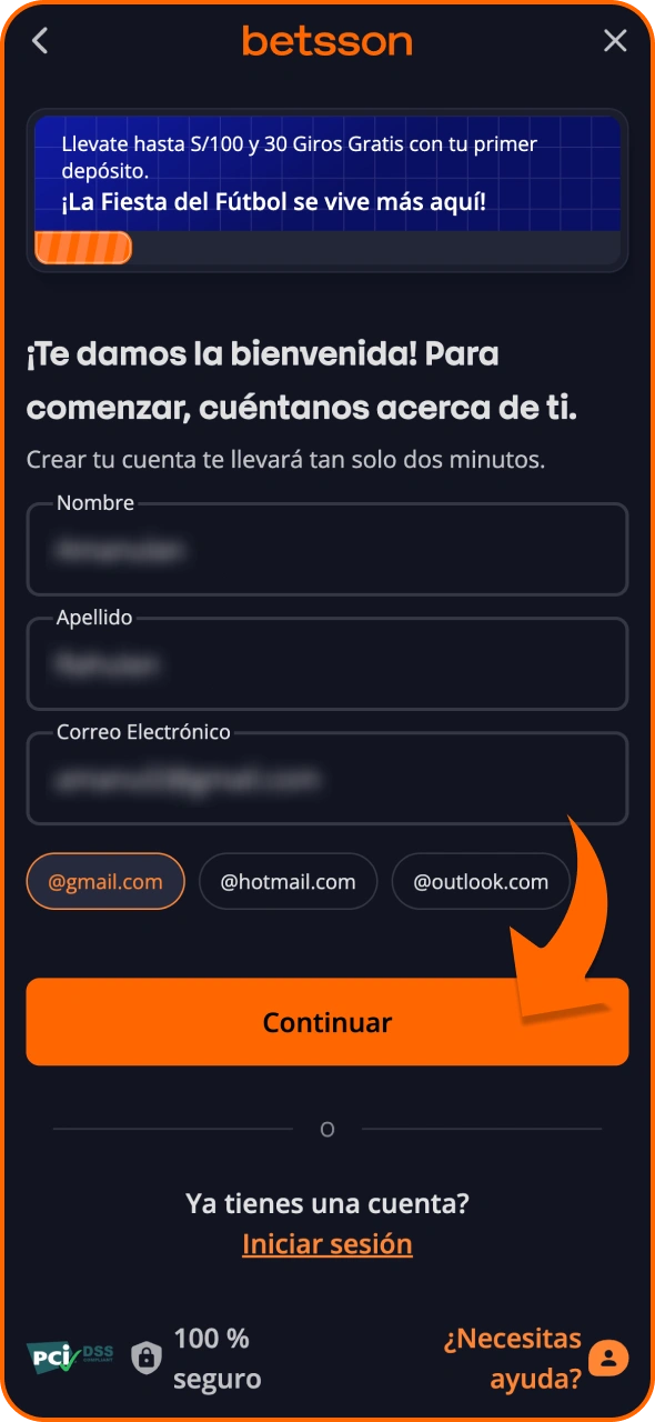 Empieza creando tu cuenta en la plataforma de Betsson.