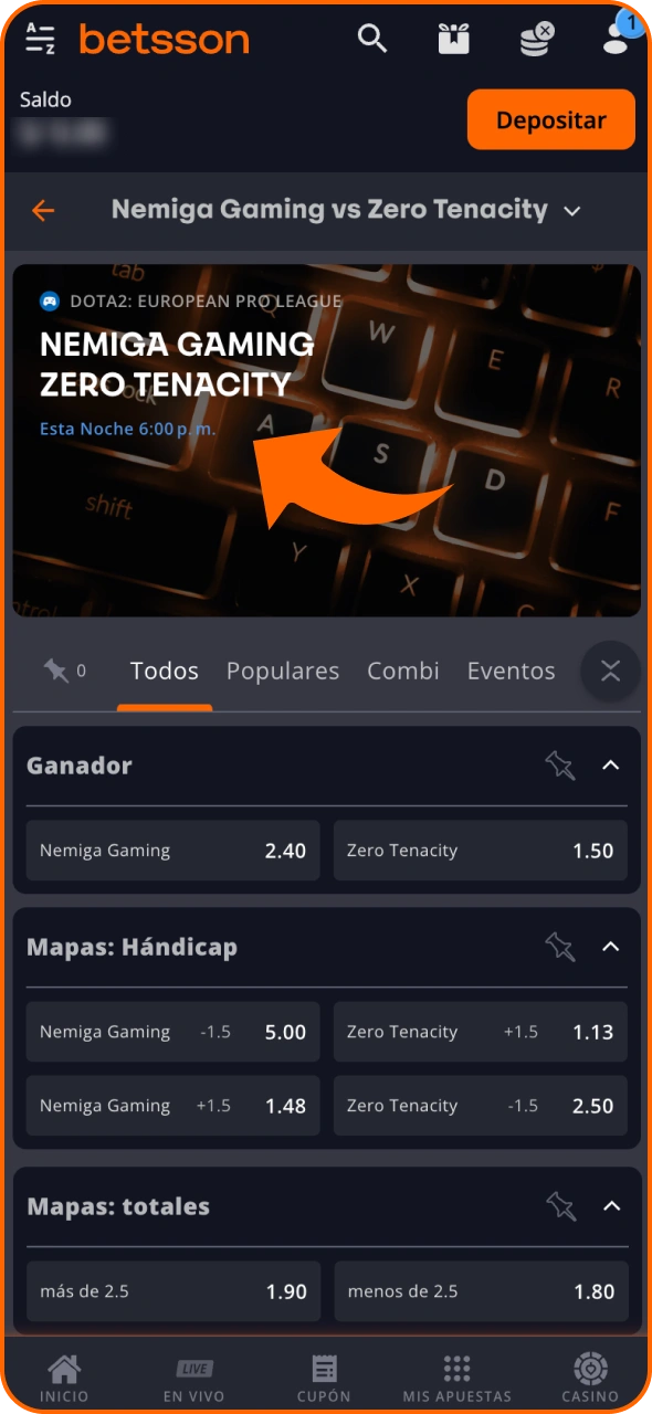 Selecciona un torneo en el que quieras apostar en Betsson.