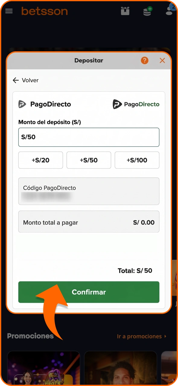 Haz clic en el botón para confirmar la transacción en Betsson.