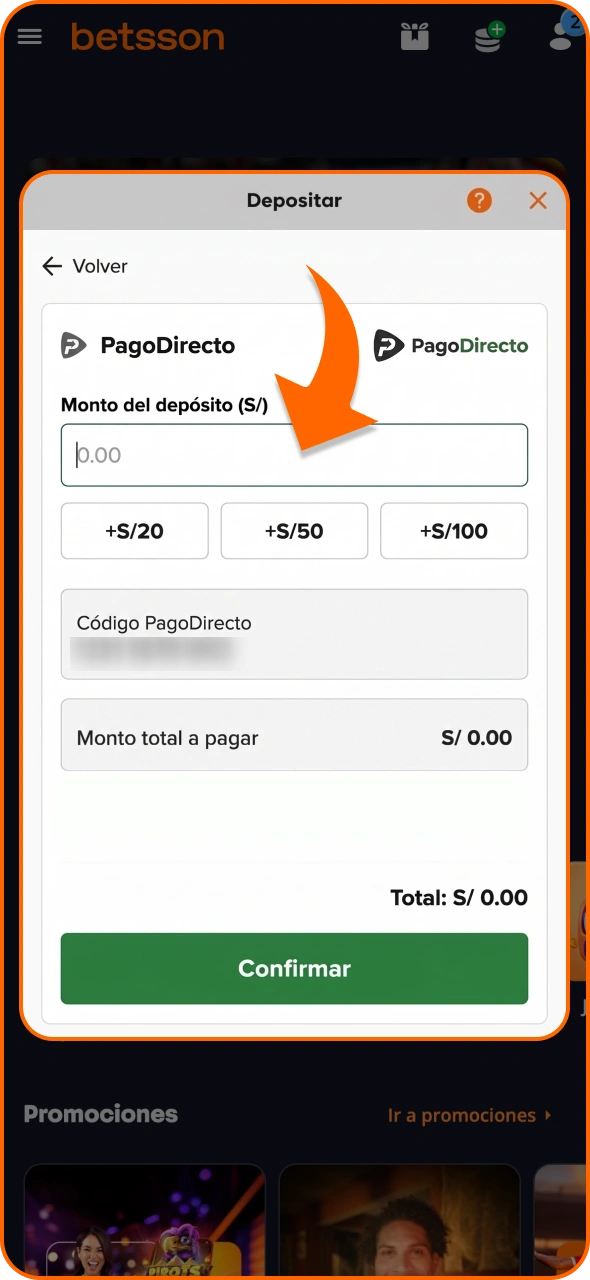 Introduce el importe en el formulario de depósito de Betsson.