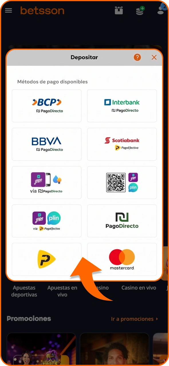 Ve a la sección de caja de Betsson y elige el método de depósito.