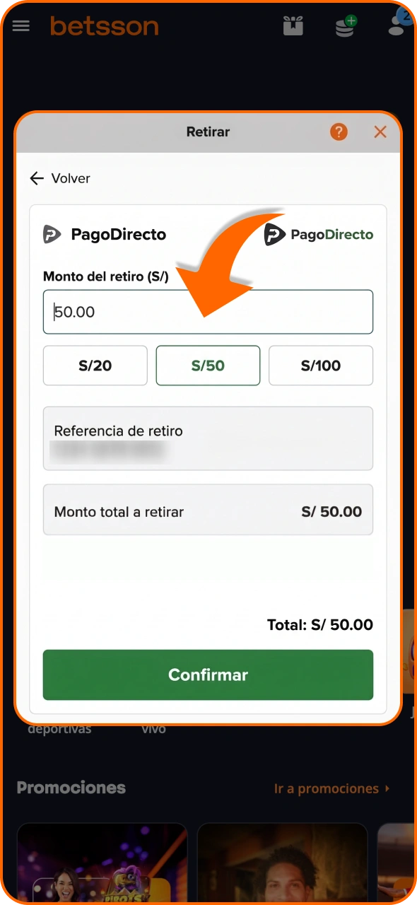 Elige el método de retiro de Betsson e introduce el importe.