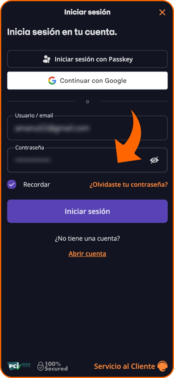 Abre el formulario de inicio de sesión en la plataforma en línea de Betsson.