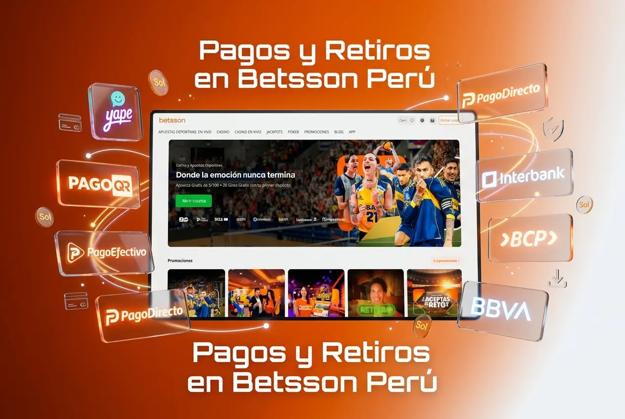 Panel de caja de Betsson Perú mostrando métodos de pago como Yape, PagoEfectivo y transferencias BCP o BBVA.