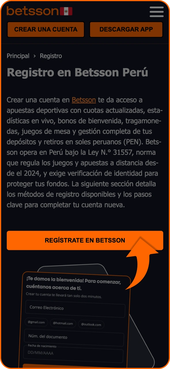 Haz clic en el botón de la página de Betsson para abrir el formulario de registro.