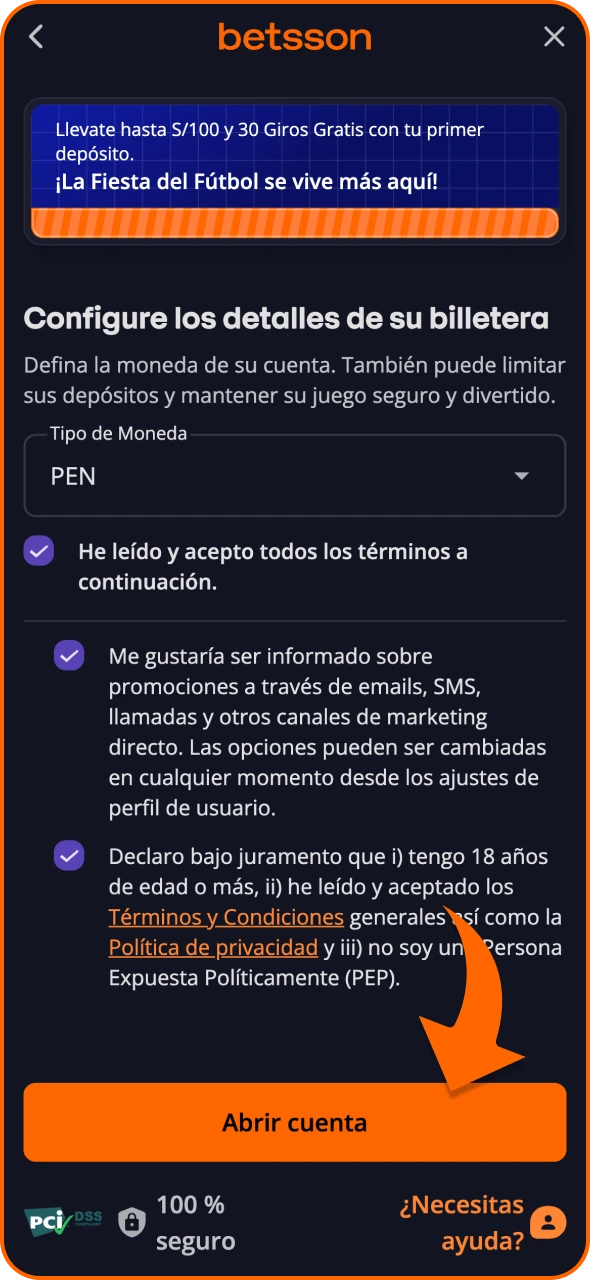 Acepta los términos y confirma la creación de tu cuenta de Betsson.