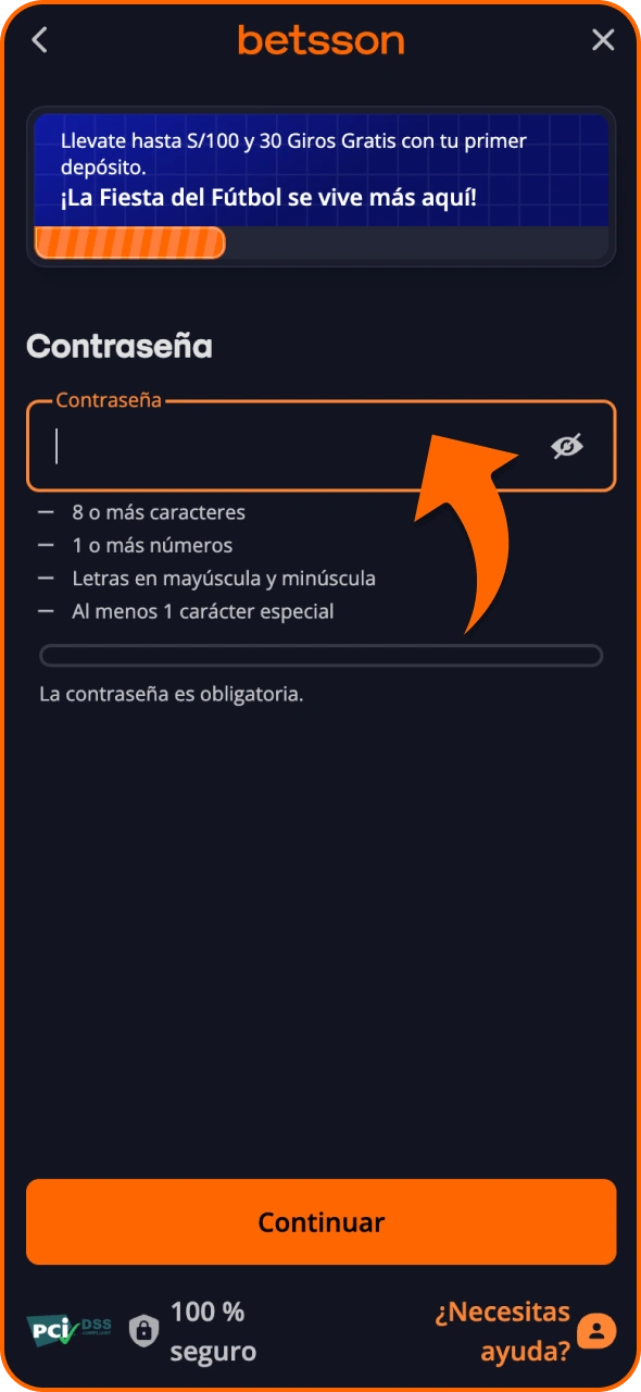 Crea una contraseña segura al registrarte en tu cuenta de Betsson.