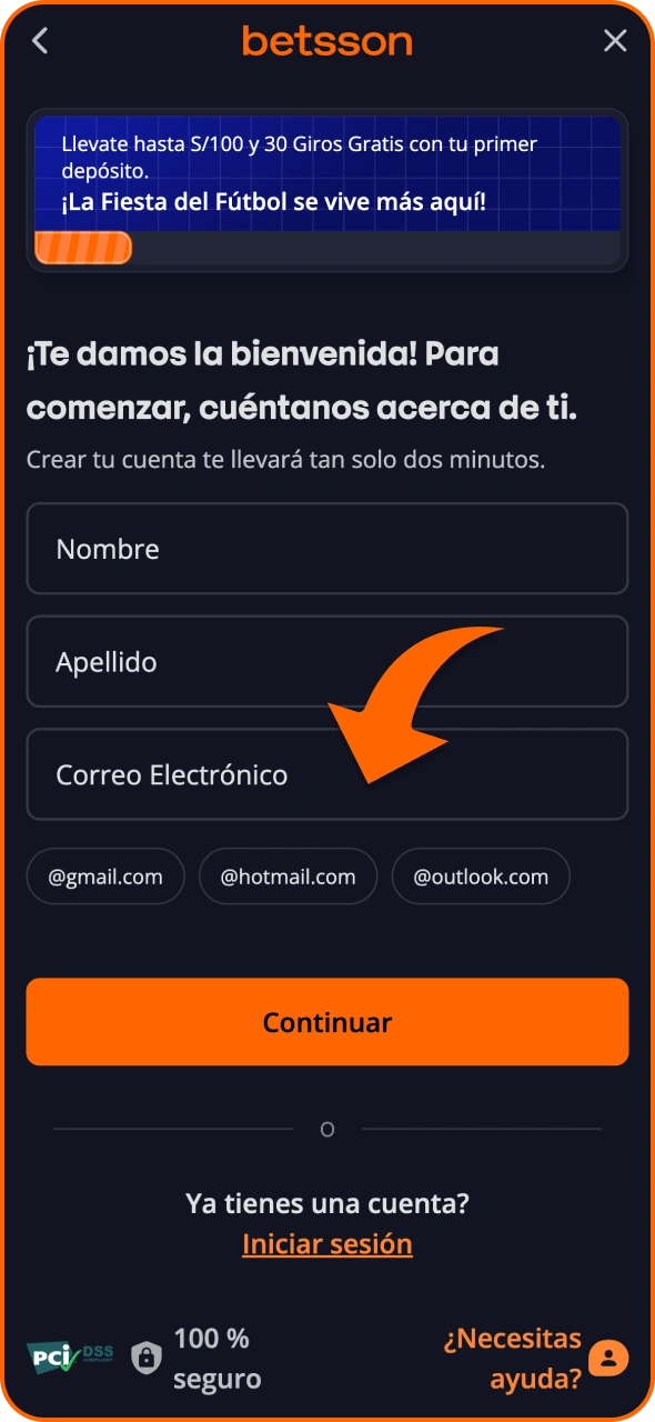 Regístrate en Betsson mediante correo electrónico o número de teléfono.