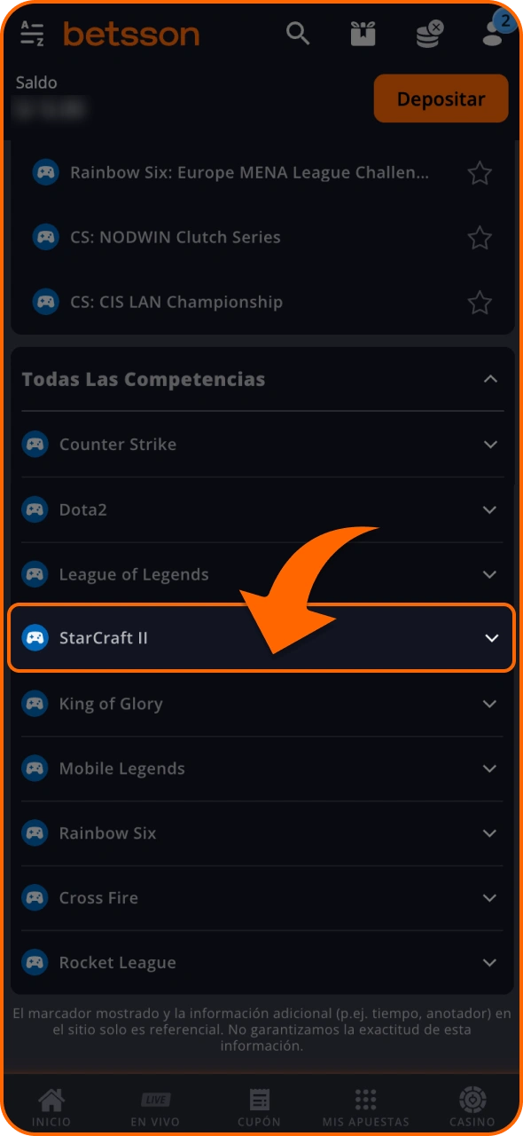 Ve a la sección de eSports de Betsson y selecciona StarCraft II.