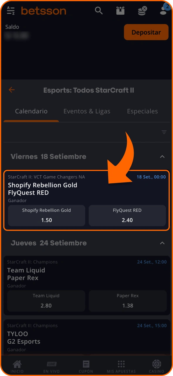 Selecciona el torneo de StarCraft II en la plataforma de apuestas Betsson.