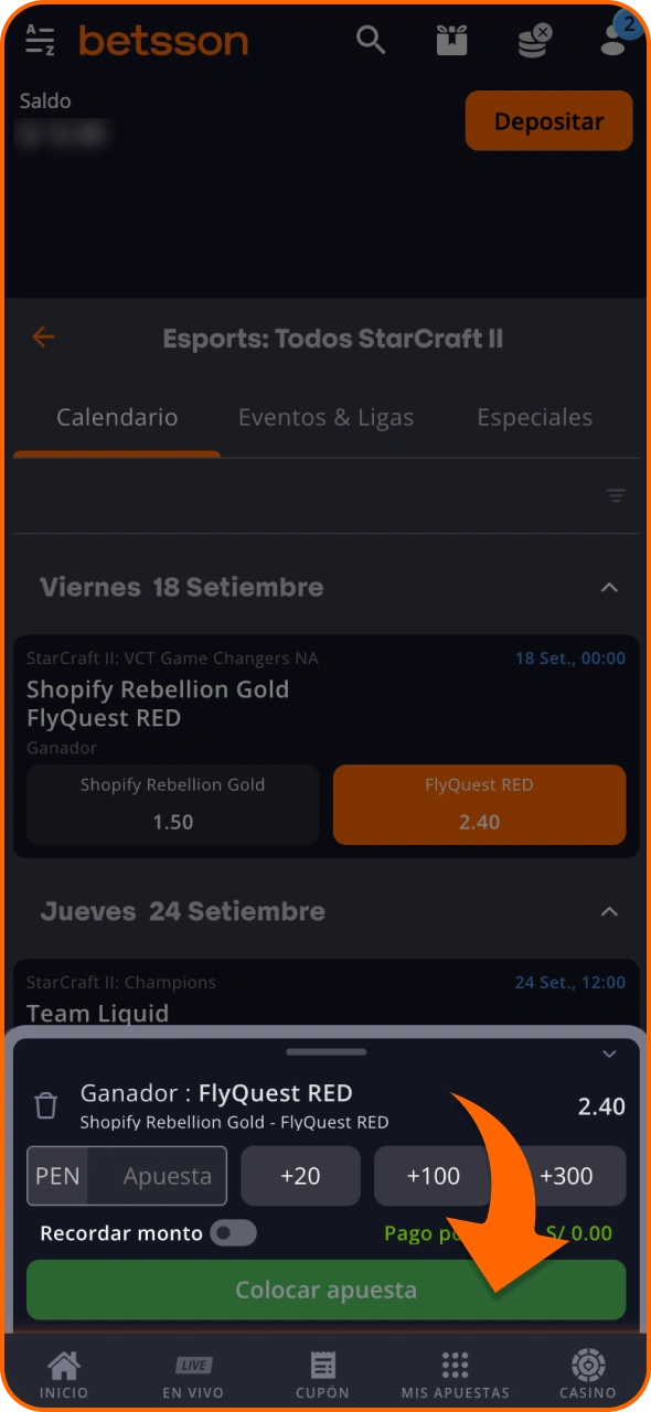 Introduce el importe de la apuesta de StarCraft II en Betsson y confirma.