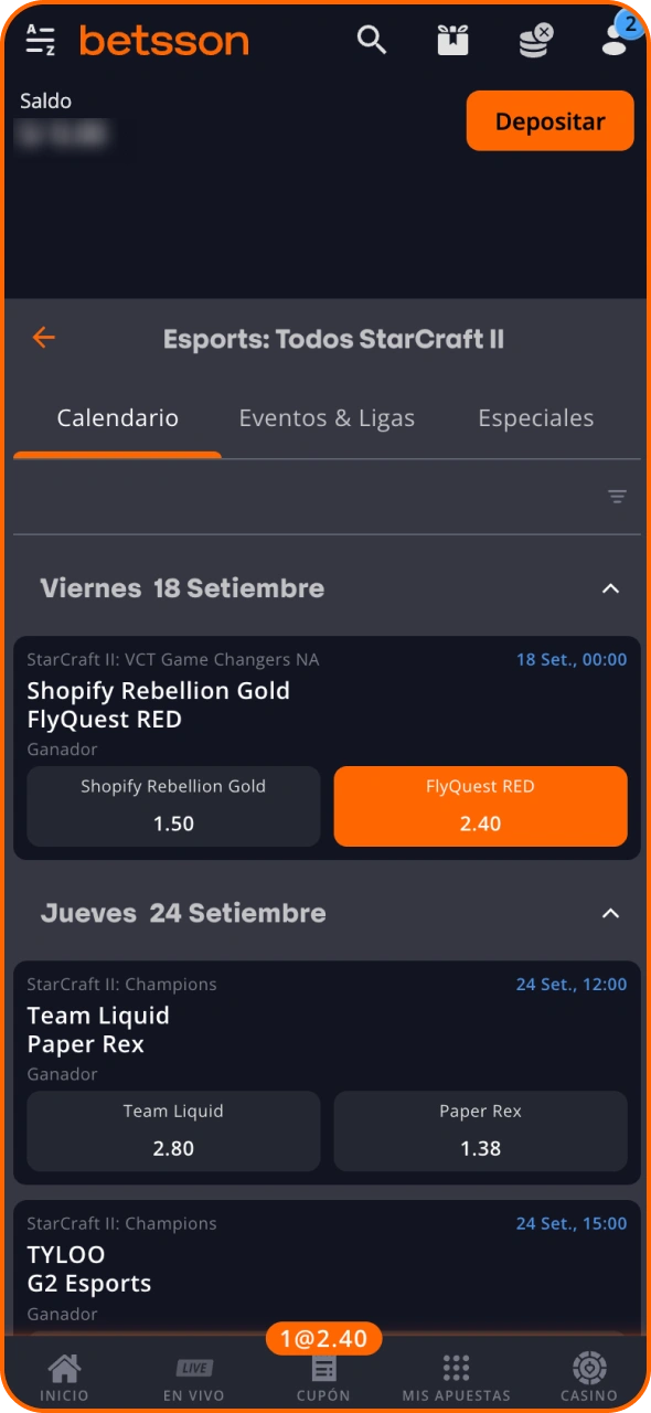 Selecciona el mercado de StarCraft II en el que te gustaría apostar en Betsson.