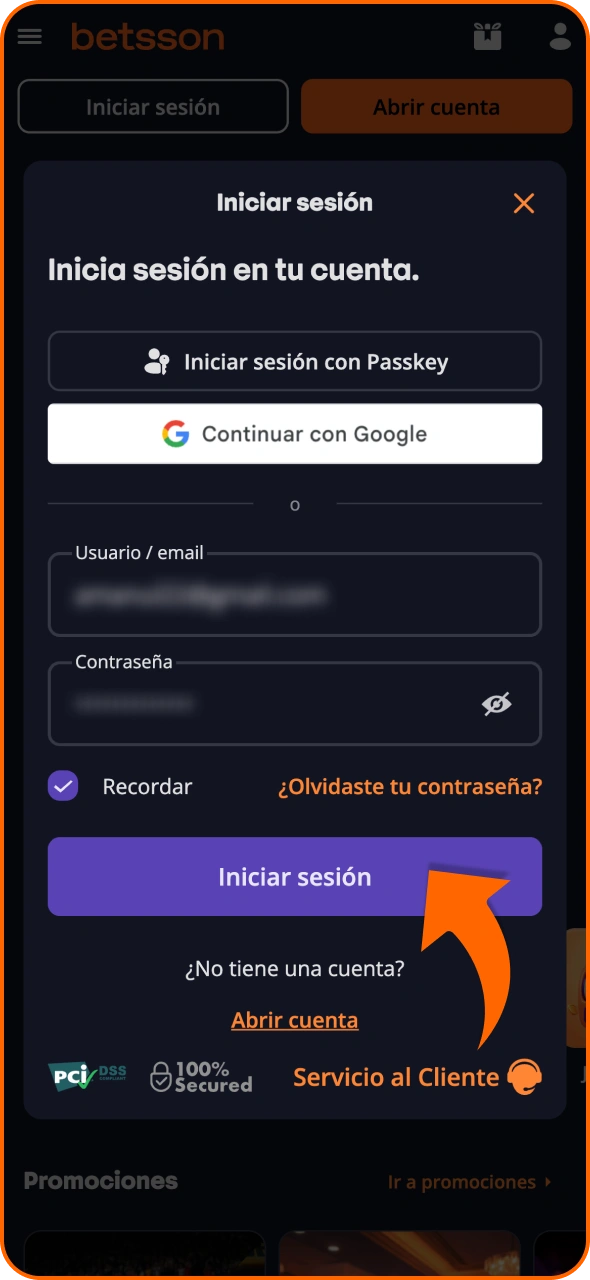 Inicia sesión en tu cuenta de Betsson utilizando tu correo electrónico y contraseña.
