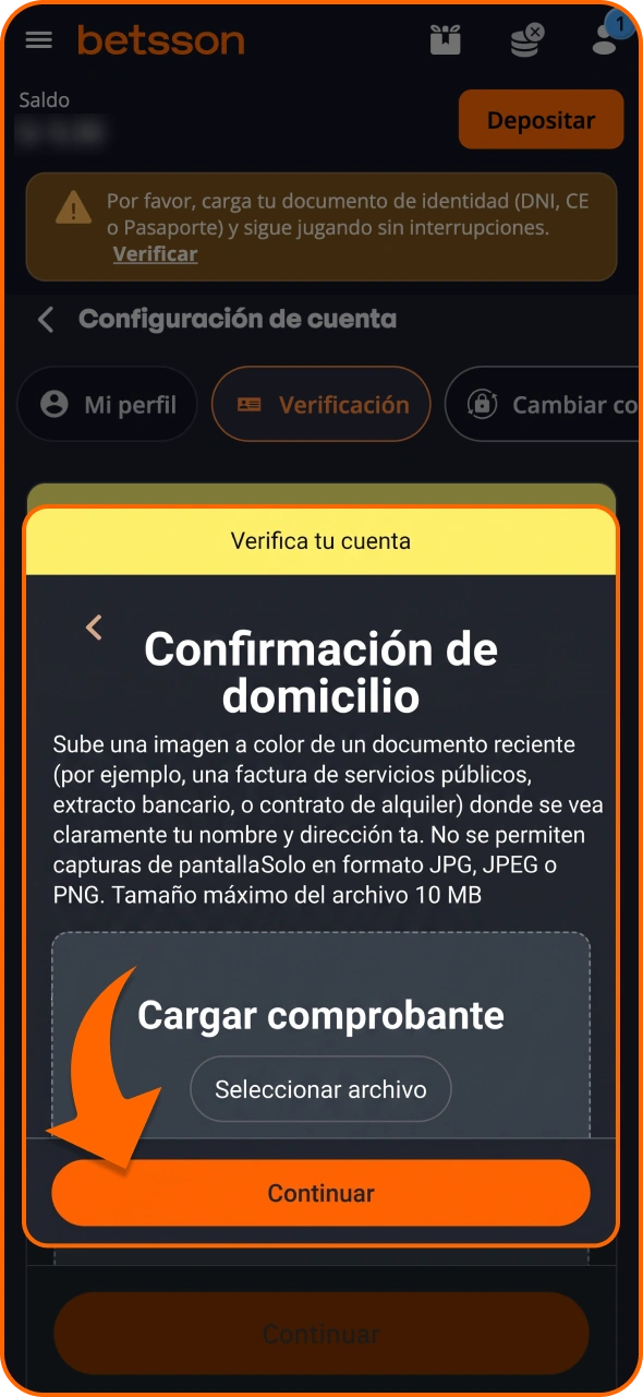 Confirma tu comprobante de domicilio en el formulario de verificación de Betsson.