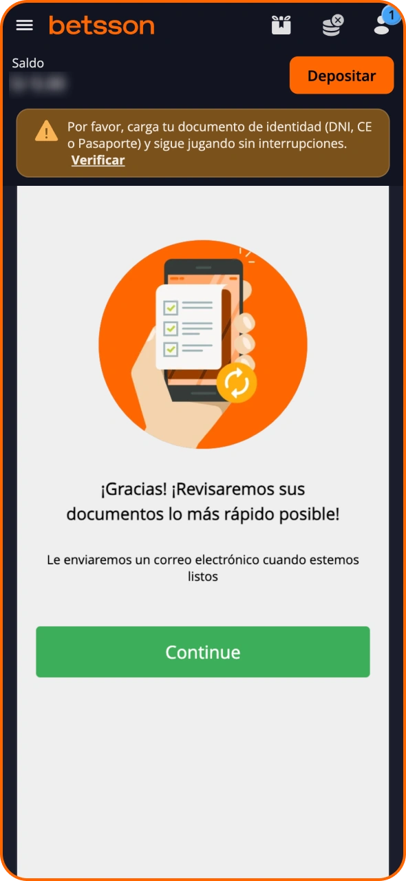 Espera a que el equipo de soporte de Betsson revise tu información.