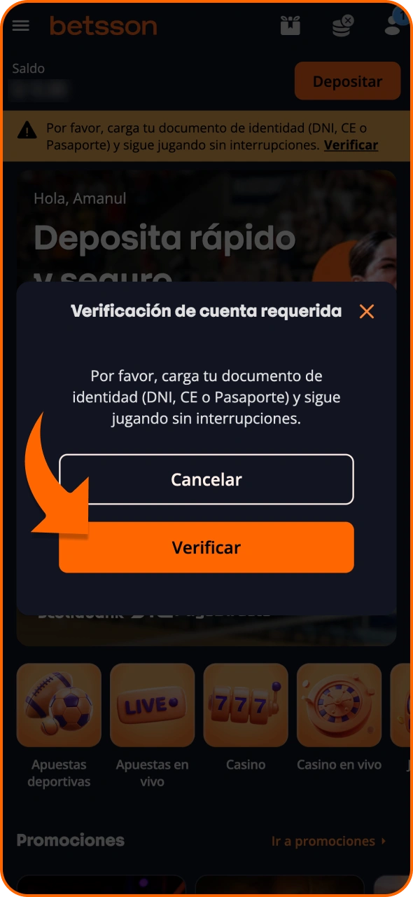 Ve a la sección de verificación de identidad en Betsson.