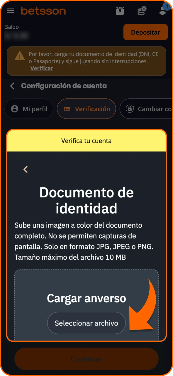 Sube la foto de tu documento de identidad en la verificación de Betsson.